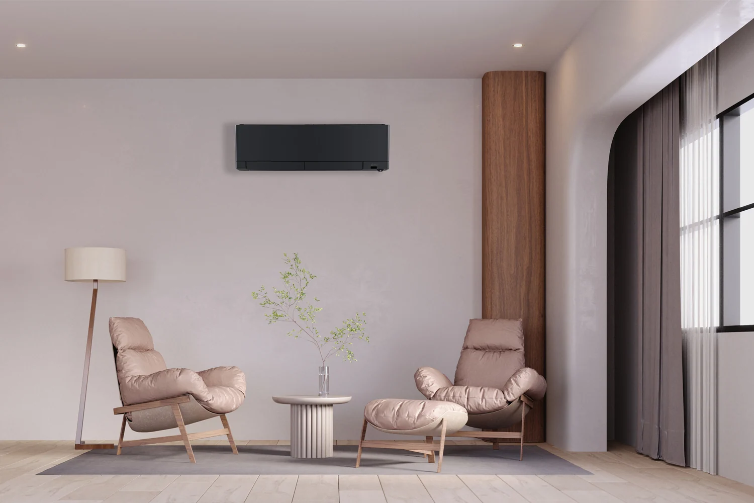 Matt sort Mitsubishi Electric UWANO Pure innedel på vegg i en moderne stue