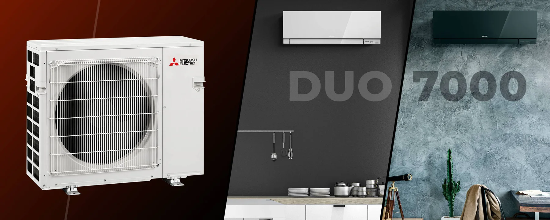 Mitsubishi Duo 7000 med én utedel og to innedeler i ulike rom