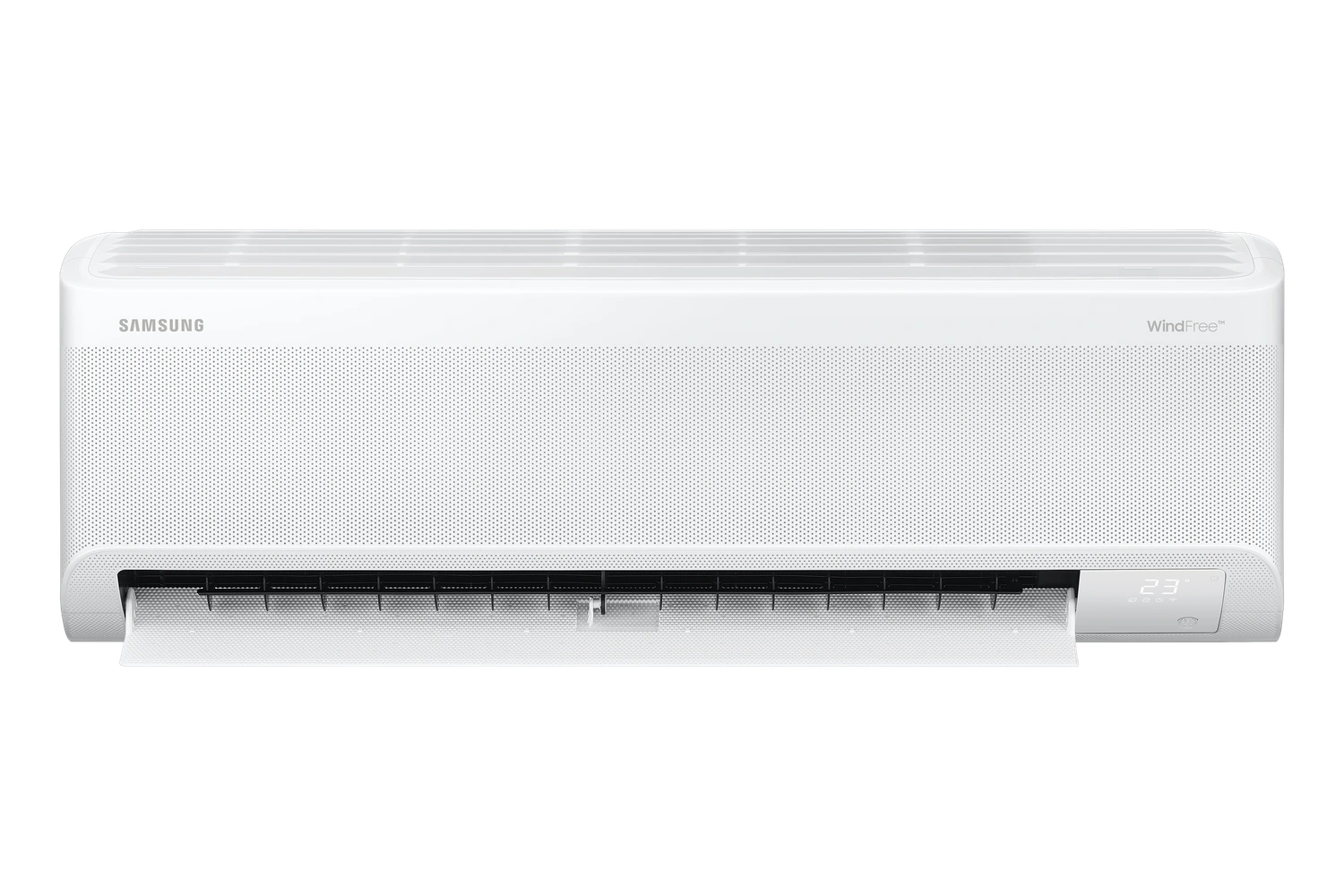 Åpen Samsung WindFree Geo S2 som viser den perforerte WindFree-fronten